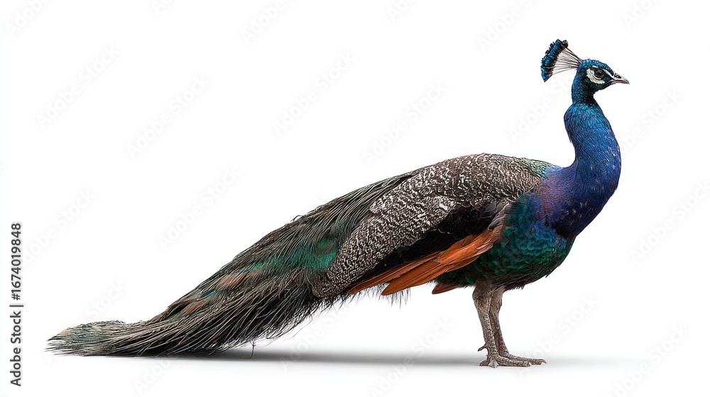 Obraz premium Colorful Peacock Standing Side Profile on White Background