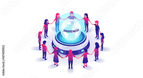 Global community uniting in a circle, holding hands around an awareness symbol, advocating for vital Breast cancer awareness, health, and collective support initiatives worldwide