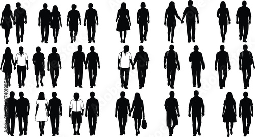 Collection of diverse walking people silhouettes in various styles, black and white vector illustration of movement, fashion, interaction, and companionship
