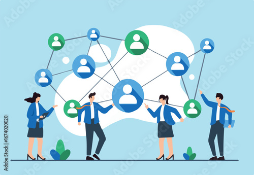 Flat illustration of employees connecting dots to form strategic business plan