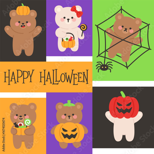 Halloween Bears with Pumpkin Mask Spider Web and Trick or Treat Candy