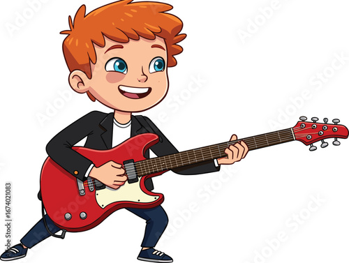 Cartoon boy playing red electric guitar, happy kid musician character, music performance illustration, isolated on white background, vector art