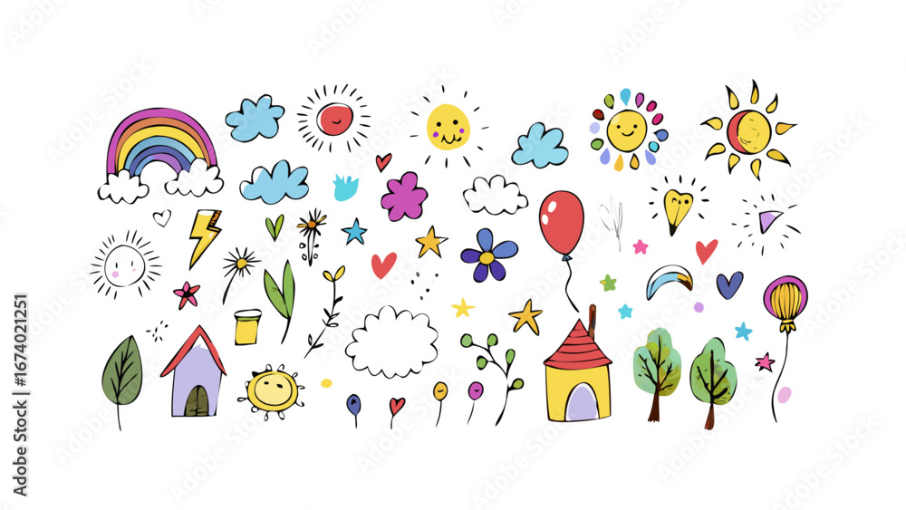 Fototapeta premium Whimsical doodle collection with suns rainbows and houses colorful