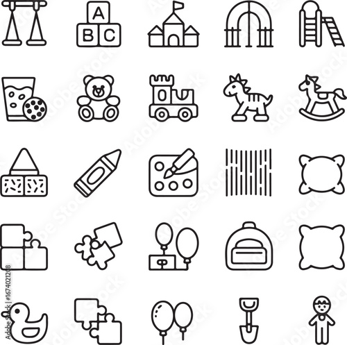 Collection of hand-drawn children's toys and play equipment icons for creative projects transparent background