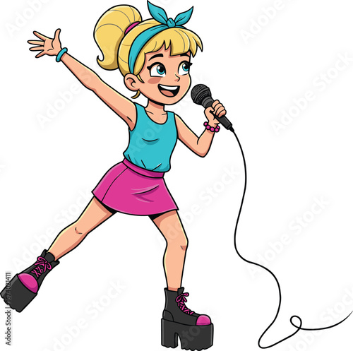Cartoon girl singing with microphone, pop star character in colorful outfit, energetic stage performance, isolated on white background, vector illustration