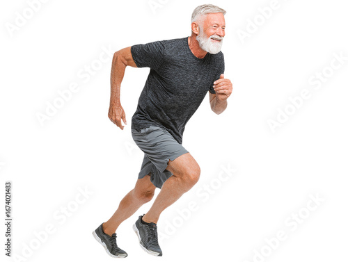 Gray man sprints with smile. Isolated runner for fitness campaigns, health posters, senior active lifestyle brands.