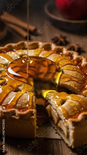 Sweet Indulgence Honey Drizzled on Apple Pie Dessert Delicious Treat Close Up Food Photography, Perfect for Autumn and Thanksgiving Celebrations