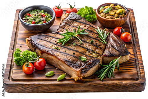 Grilled Pork Chops with Rosemary and Vegetables on a Wooden Board on transparent background pork chops rosemary vegetables served wooden