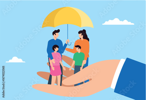 Happy family under umbrella of love with big supporting hand in flat design