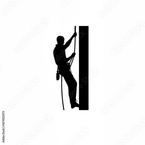 Silhouette of worker adjusting safety harness before climbing isolated on white background