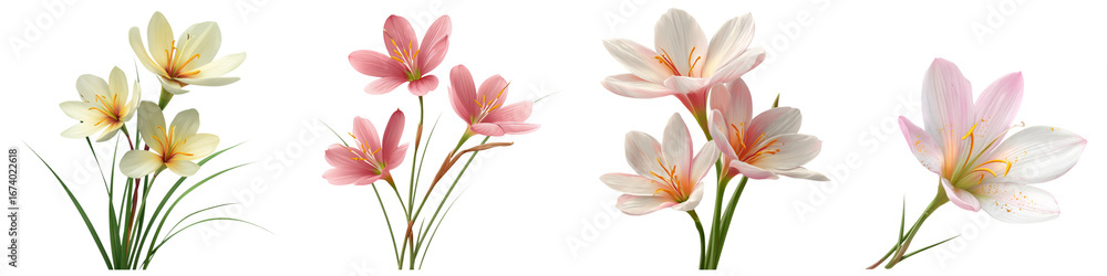 Fototapeta premium Set of zephyranthes Flower illustration isolated on white background.