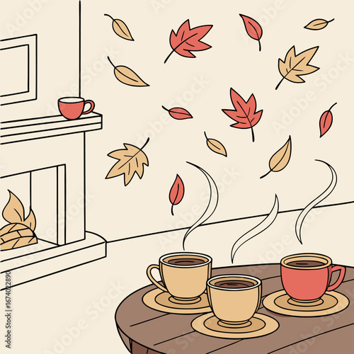 Cozy autumn tea time with falling leaves illustration