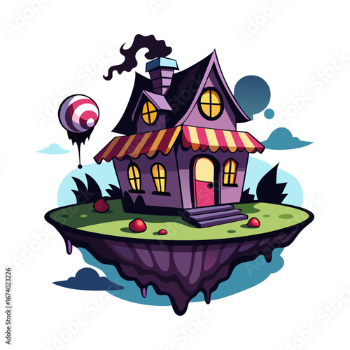 Spooky Floating Haunted Candy House with Glowing Windows, Halloween Illustration, Creepy Sweet Fantasy, Ghostly Dessert Home Vector Art