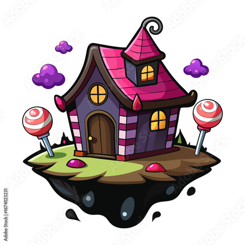 Spooky Floating Haunted Candy House with Glowing Windows, Halloween Illustration, Creepy Sweet Fantasy, Ghostly Dessert Home Vector Art