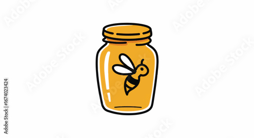 Cute cartoon honey jar with bee illustration sweet food.