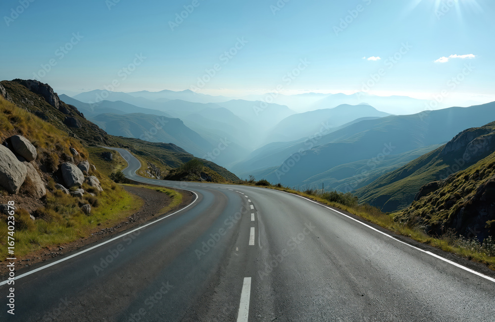 Naklejka premium Scenic mountain road winds through Portuguese highlands under clear blue sky. Rich green slopes with rocky outcrops lead to distant, hazy mountains. Sunlight, shadows create dramatic, adventurous