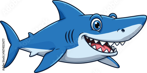 Smiling cartoon blue shark, underwater sea predator, vector illustration, isolated on white background, children education marine life design, cute character