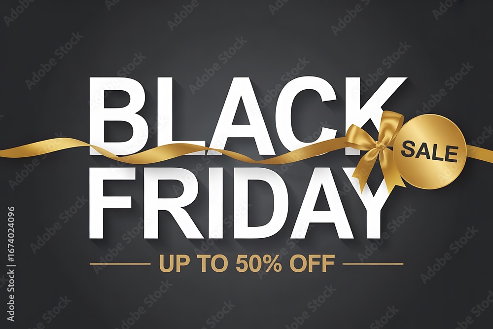 Obraz premium Black friday sale promotion with golden ribbon and up to 50 off discount offer
