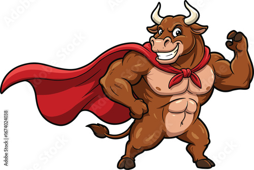 Strong cartoon bull superhero flexing muscles, wearing red cape, powerful animal mascot illustration, muscular bull character, funny farm animal hero