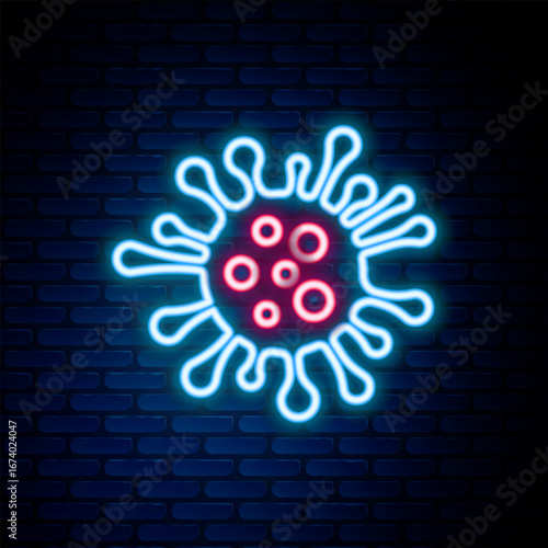 Glowing neon line Bacteria icon isolated on brick wall background. Bacteria and germs, microorganism disease causing, cell cancer, microbe, virus, fungi. Colorful outline concept. Vector