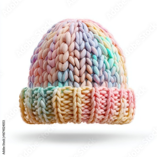 Colorful Chunky Knit Beanie Hat in Pastel Rainbow Colors, Isolated on White Background