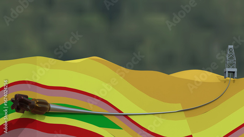Foto Horizontal directional drilling 3D illustration showing PDC drilling bit with drill string penetrate rock formation