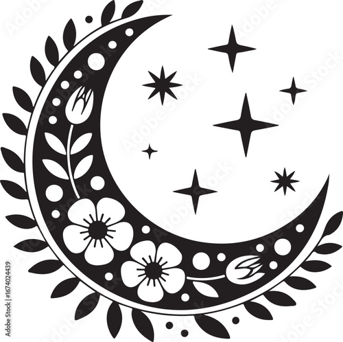 Floral Crescent Moon Silhouette Vector isolated on a clean white background