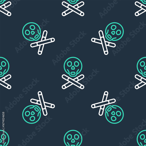 Line Bones and skull as a sign of toxicity warning icon isolated seamless pattern on black background. Vector
