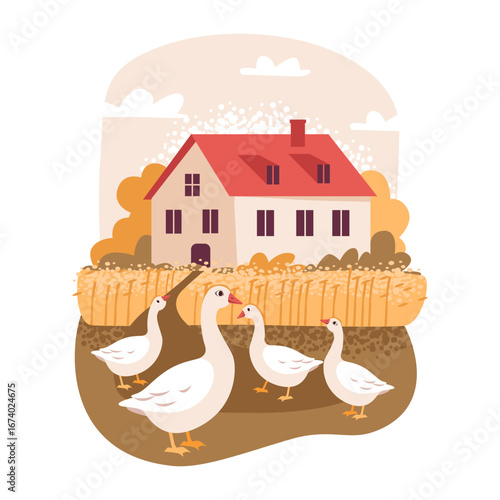 Flat vector illustration of a goose in autumn countryside. Rustic fall landscape with goose and farmland elements. Autumn nature, cozy rural life, sustainability, and traditional farming environment.