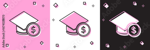 Set Graduation cap and coin icon isolated on pink and white, black background. Education and money. Concept of scholarship cost or loan, tuition or study fee. Vector.