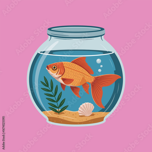 Bright orange goldfish isolated in a fishbowl with blue background