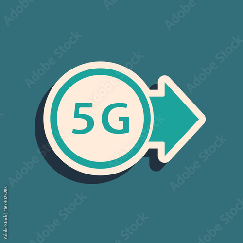 Green 5G new wireless internet wifi connection icon isolated on green background. Global network high speed connection data rate technology. Long shadow style. Vector