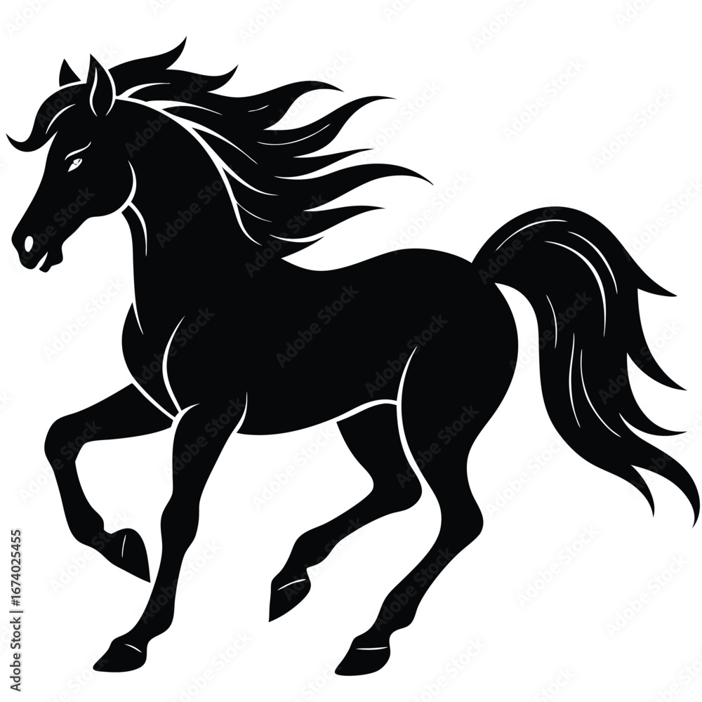 Obraz premium Black silhouette of a galloping horse with flowing mane and tail 2