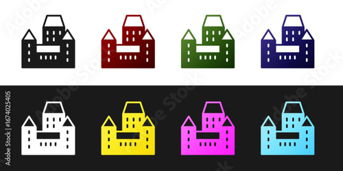 Set Chateau Frontenac hotel in Quebec City, Canada icon isolated on black and white background. Vector