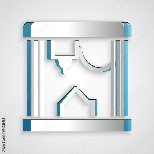 Paper cut 3D printer icon isolated on grey background. Paper art style. Vector