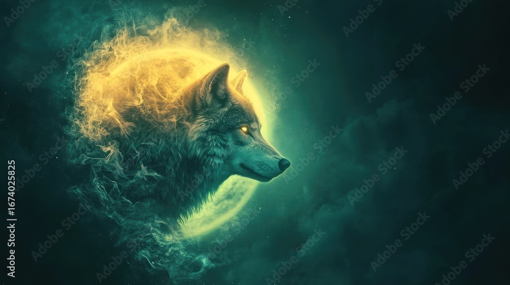Fototapeta premium Mystical wolf profile, glowing golden moon