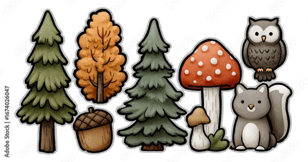 Fototapeta premium Cartoon Forest Elements on Transparent Background