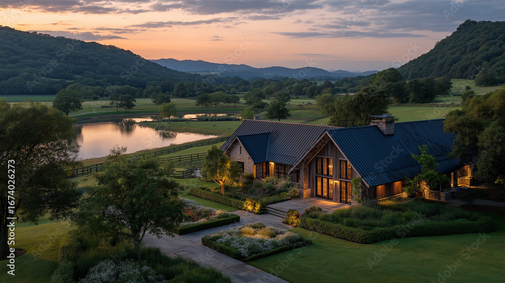 Naklejka premium Serene Lakeside Residence at Dusk: A stunning house stands on a waterfront estate, with the soft glow of dusk accentuating the luxury of architecture.