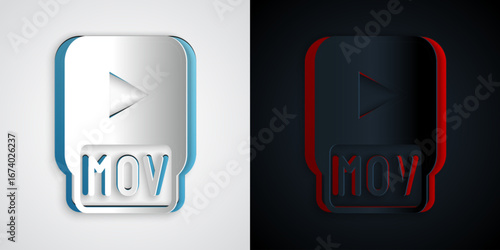 Paper cut MOV file document. Download mov button icon isolated on grey and black background. MOV file symbol. Audio and video collection. Paper art style. Vector