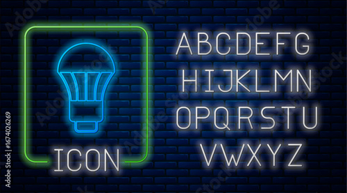 Glowing neon LED light bulb icon isolated on brick wall background. Economical LED illuminated lightbulb. Save energy lamp. Neon light alphabet. Vector