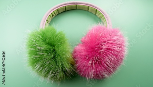 Wallpaper Mural pair of fuzzy earmuffs with green and pink fur and cream headband cozy winter accessory with soft texture and vibrant colors Torontodigital.ca