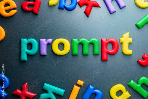 Colorful foam letters spelling the word prompt on dark background, creative visual concept for writing inspiration or AI command