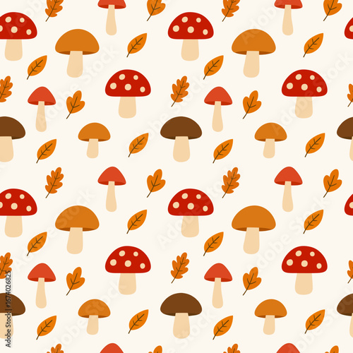 Seamless autumn pattern with boletus and fly agaric mushrooms and leaves