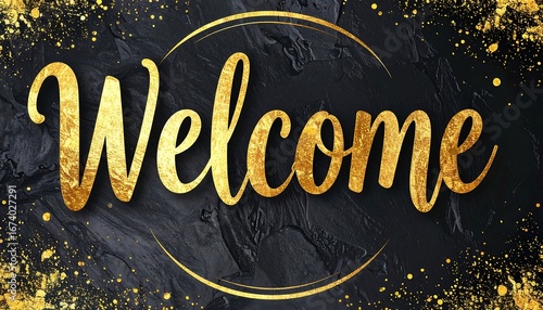 Golden welcome text on dark background