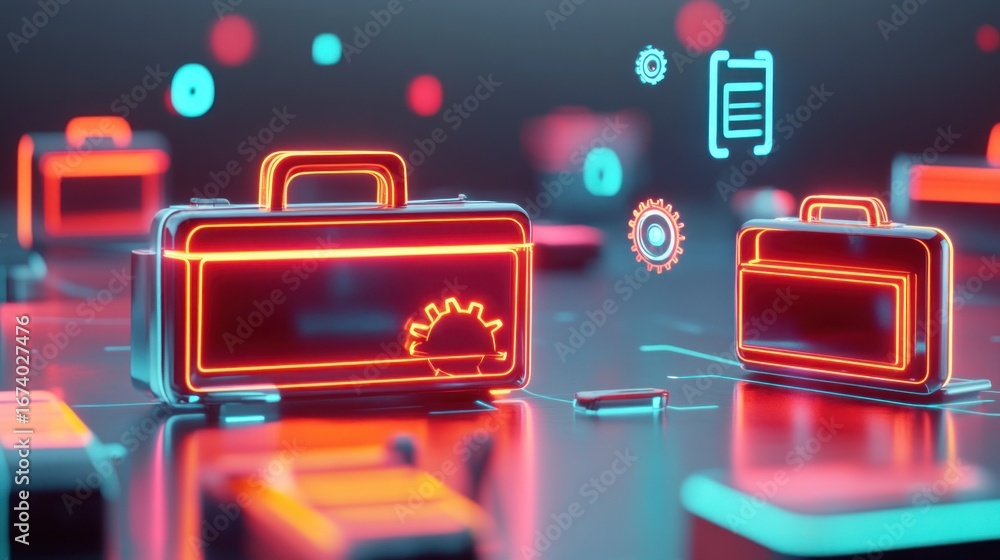 Obraz premium Neon-lit toolboxes on a futuristic platform, digital interface elements