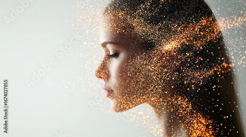 Serene woman's profile with golden particles.