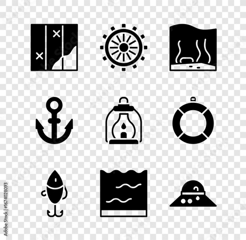 Set Folded map, Ship steering wheel, Aquarium, Fishing lure, Fisherman hat, Anchor and Camping lantern icon. Vector