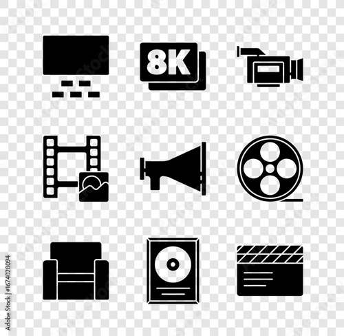 Set Cinema auditorium with seats, 8k Ultra HD, camera, chair, CD disk award frame, Movie clapper, Play Video and Megaphone icon. Vector