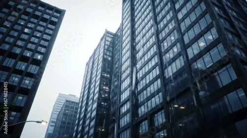 Urban rain reflections on modern architecture, captivating cityscape visuals of towering buildings