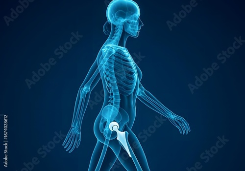 Woman X-ray with artificial hip implant - Medical X Ray 3D Illustration with blue background